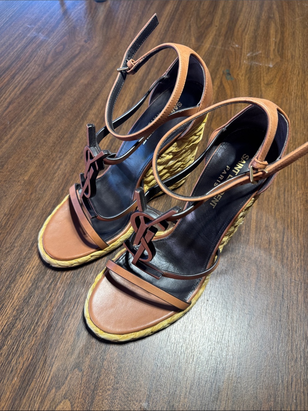 Saint Laurent Brown Leather Wedge Sandals with YSL Monogram